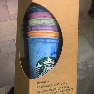 Reusable hot multicolored Starbucks Cups.